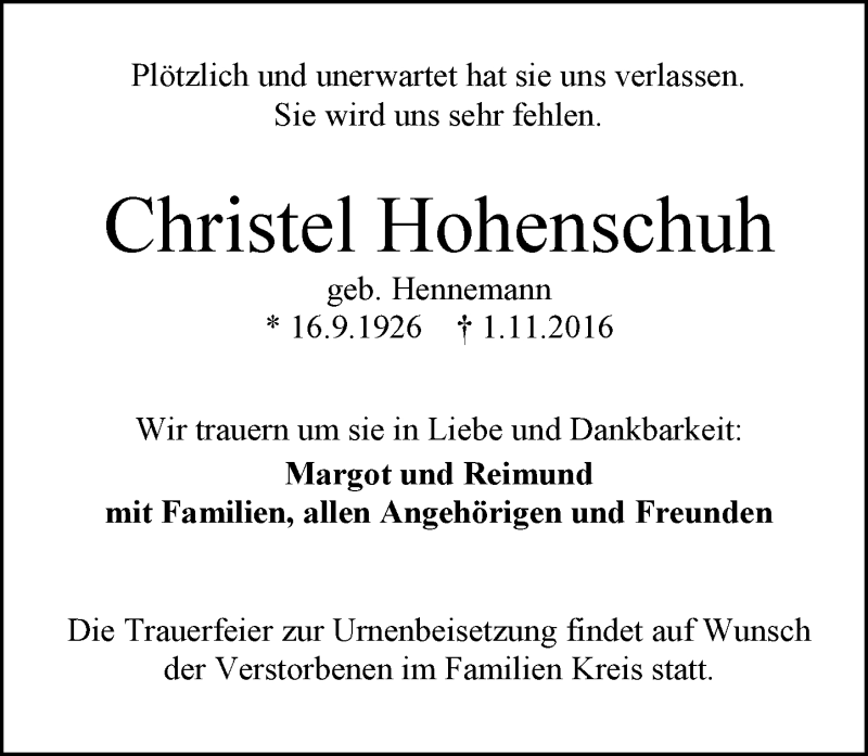  Traueranzeige für Christel Hohenschuh vom 12.11.2016 aus Trauerportal Echo Online