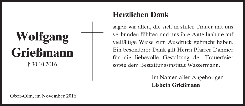  Traueranzeige für Wolfgang Grießmann vom 11.11.2016 aus Trauerportal Rhein Main Presse