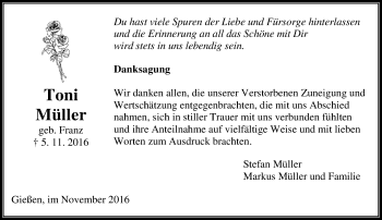 Traueranzeige von Toni Müller von  Gießener Anzeiger