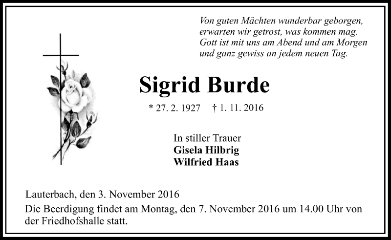  Traueranzeige für Sigrid Burde vom 03.11.2016 aus VRM Trauer