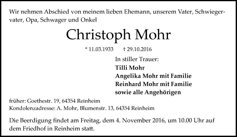  Traueranzeige für Christoph Mohr vom 01.11.2016 aus Trauerportal Echo Online