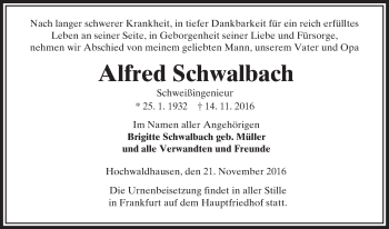 Traueranzeige von Alfred Schwalbach von VRM Trauer