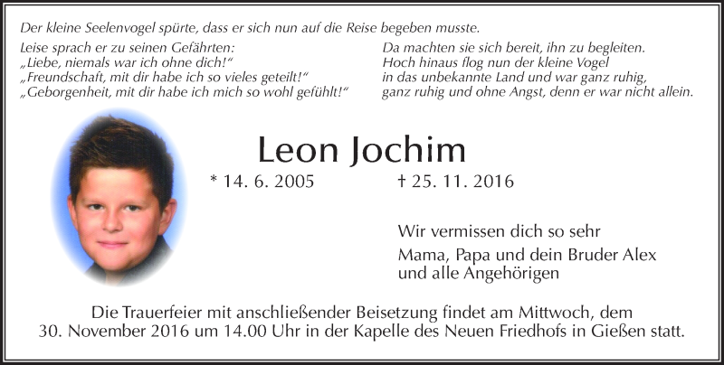  Traueranzeige für Leon Jochim vom 29.11.2016 aus  Gießener Anzeiger