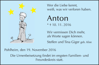 Traueranzeige von Anton  von  Gießener Anzeiger