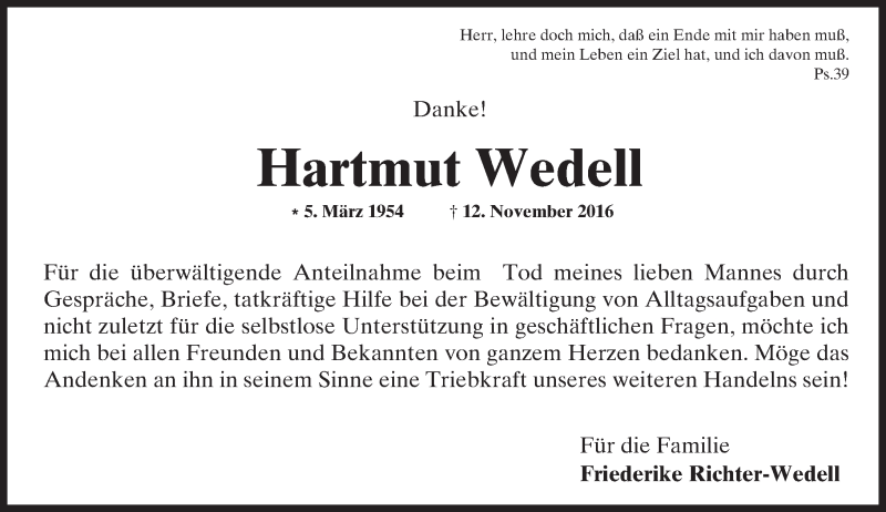  Traueranzeige für Hartmut Wedell vom 26.11.2016 aus  Usinger Anzeiger
