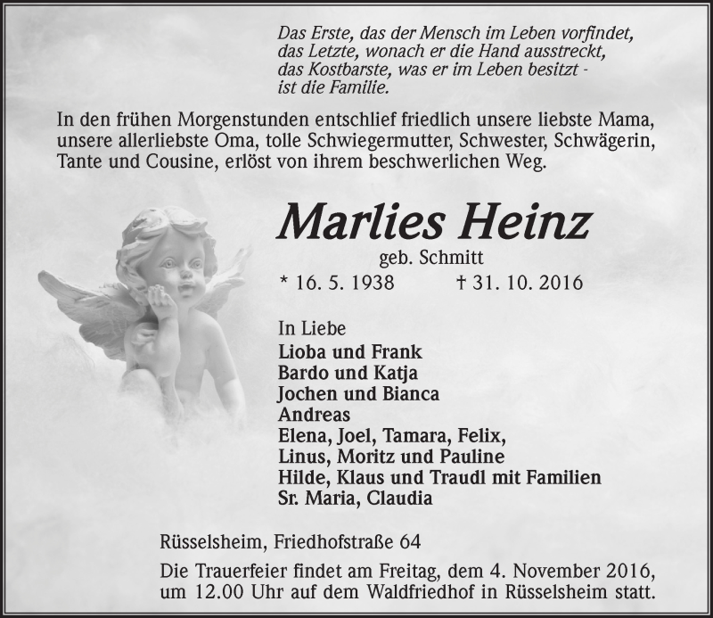  Traueranzeige für Marlies Heinz vom 02.11.2016 aus Trauerportal Rhein Main Presse