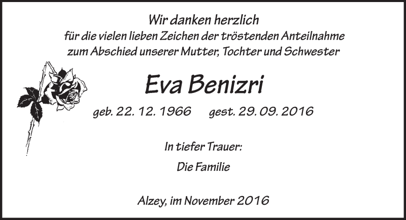  Traueranzeige für Eva Benizri vom 12.11.2016 aus Trauerportal Rhein Main Presse