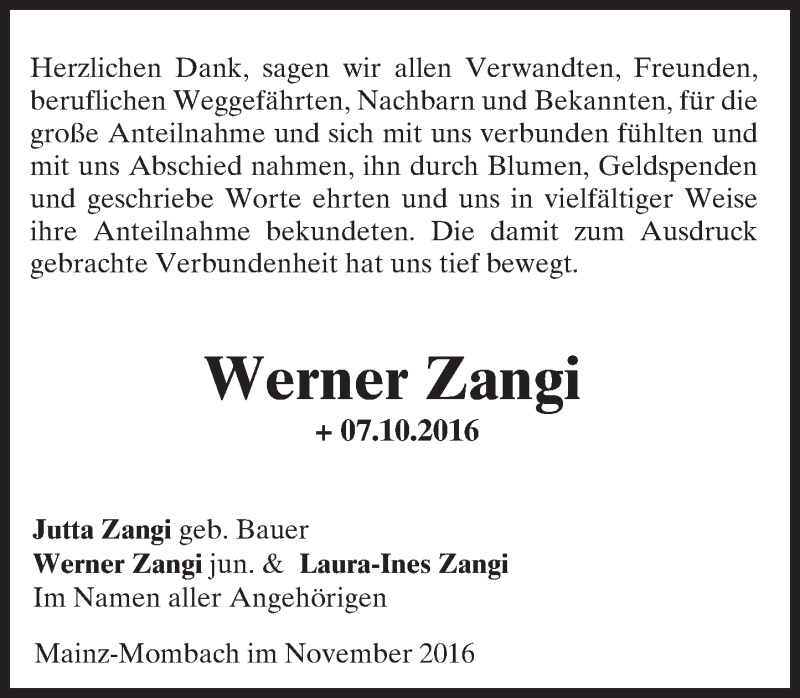  Traueranzeige für Werner Zangi vom 12.11.2016 aus Trauerportal Rhein Main Presse