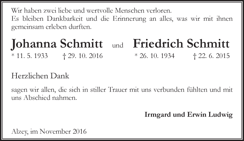  Traueranzeige für Johanna und Friedrich Schmitt vom 26.11.2016 aus Trauerportal Rhein Main Presse