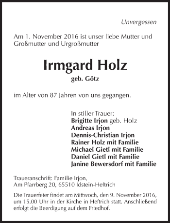 Traueranzeige von Irmgard Holz von Trauerportal Rhein Main Presse