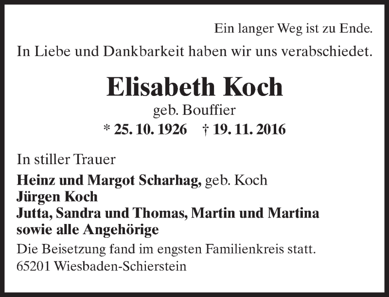 Traueranzeige für Elisabeth Koch vom 26.11.2016 aus Trauerportal Rhein Main Presse