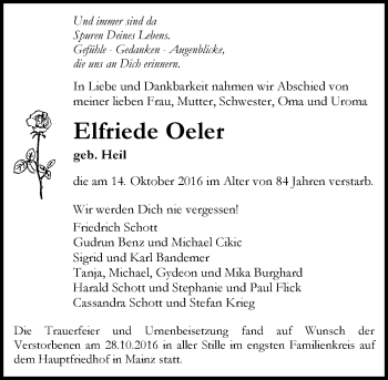 Traueranzeige von Elfriede Oeler von Trauerportal Rhein Main Presse