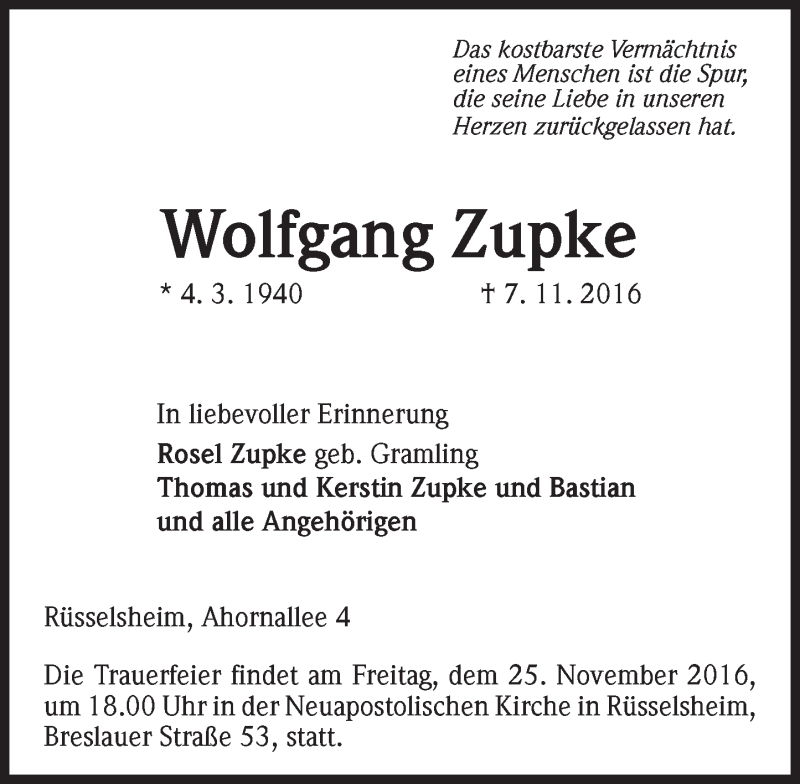  Traueranzeige für Wolfgang Zupke vom 19.11.2016 aus Trauerportal Rhein Main Presse