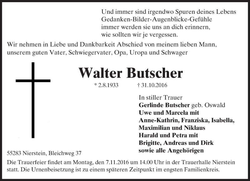  Traueranzeige für Walter Butscher vom 04.11.2016 aus Trauerportal Rhein Main Presse