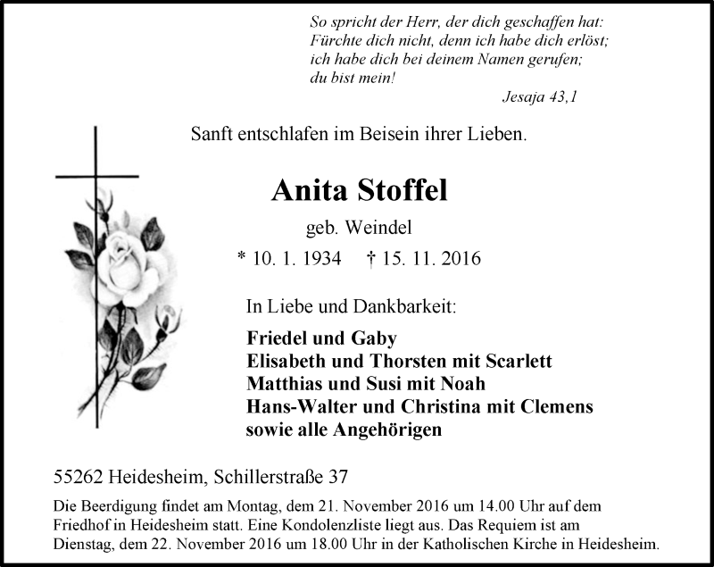  Traueranzeige für Anita Stoffel vom 18.11.2016 aus Trauerportal Rhein Main Presse