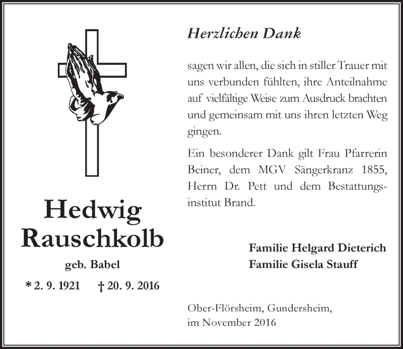  Traueranzeige für Hedwig Rauschkolb vom 05.11.2016 aus Trauerportal Rhein Main Presse