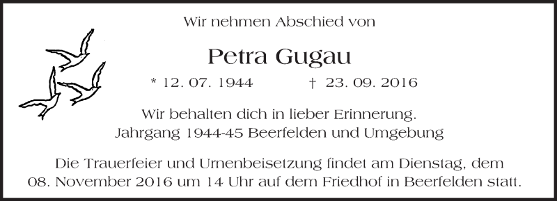  Traueranzeige für Petra Gugau vom 04.11.2016 aus Trauerportal Echo Online