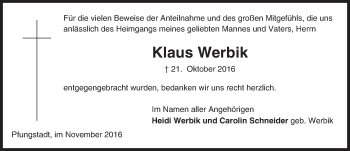 Traueranzeige von Klaus Werbik von Trauerportal Echo Online
