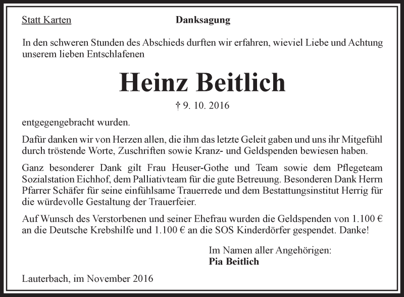  Traueranzeige für Heinz Beitlich vom 05.11.2016 aus VRM Trauer