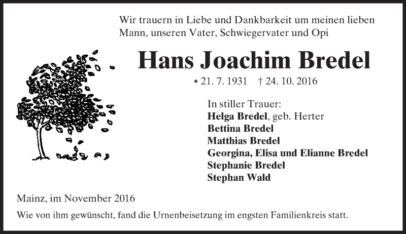  Traueranzeige für Hans Joachim Bredel vom 04.11.2016 aus Trauerportal Rhein Main Presse
