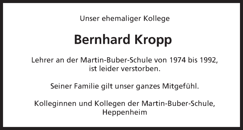  Traueranzeige für Bernhard Kropp vom 11.11.2016 aus Trauerportal Echo Online