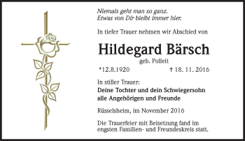 Traueranzeige von Hildegard Bärsch von Trauerportal Rhein Main Presse