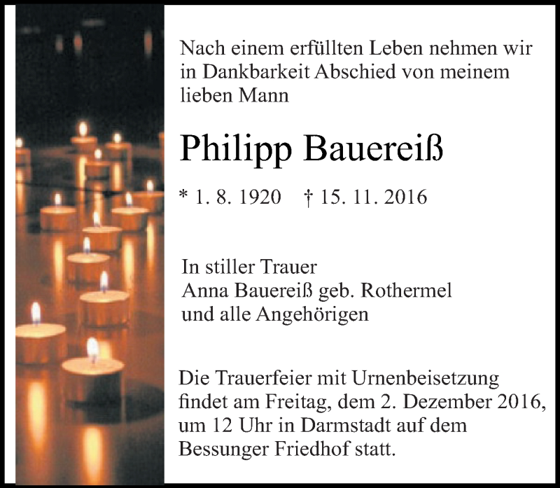  Traueranzeige für Philipp Bauereiß vom 26.11.2016 aus Trauerportal Echo Online