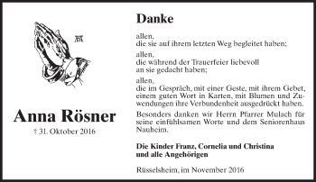 Traueranzeige von Anna Rösner von Trauerportal Rhein Main Presse