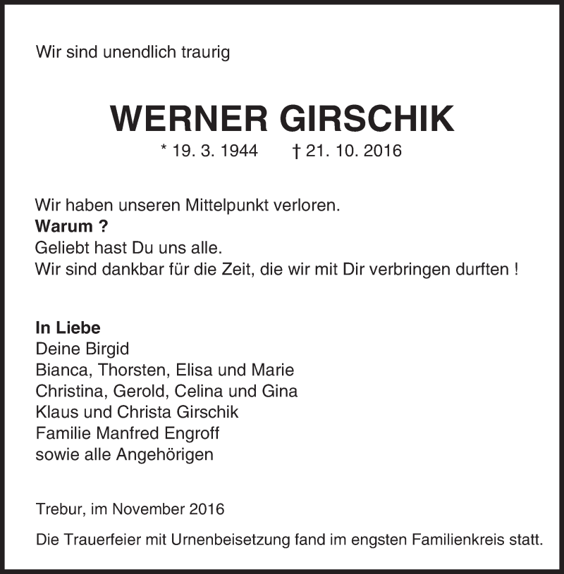  Traueranzeige für Werner Girschik vom 05.11.2016 aus Trauerportal Echo Online