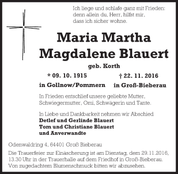 Traueranzeige von Maria Martha Magdalene Blauert von Trauerportal Echo Online