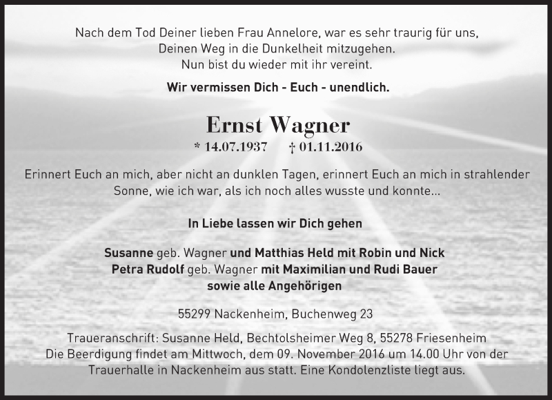  Traueranzeige für Ernst Wagner vom 05.11.2016 aus Trauerportal Rhein Main Presse