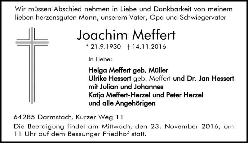  Traueranzeige für Joachim Meffert vom 19.11.2016 aus Trauerportal Echo Online