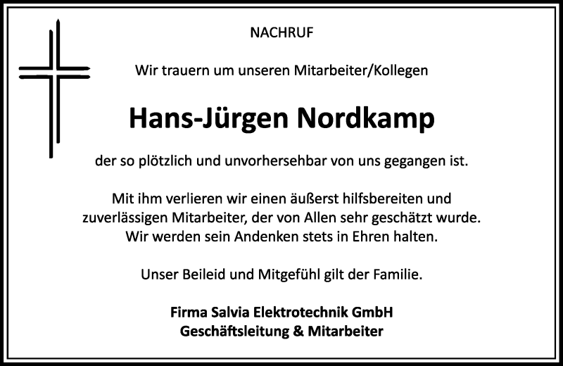  Traueranzeige für Hans-Jürgen Nordkamp vom 03.11.2016 aus Trauerportal Echo Online