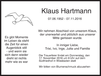 Traueranzeige von Klaus Hartmann von Trauerportal Rhein Main Presse