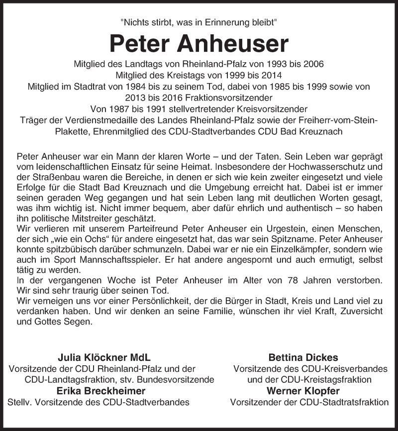  Traueranzeige für Peter Anheuser vom 05.11.2016 aus Trauerportal Rhein Main Presse