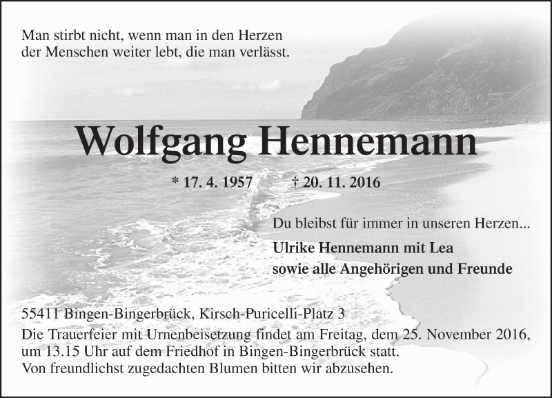  Traueranzeige für Wolfgang Hennemann vom 23.11.2016 aus Trauerportal Rhein Main Presse