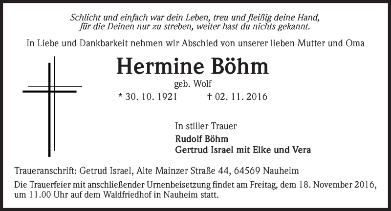  Traueranzeige für Hermine Böhm vom 16.11.2016 aus Trauerportal Rhein Main Presse