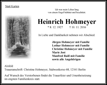 Traueranzeige von Heinrich Hohmeyer von VRM Trauer