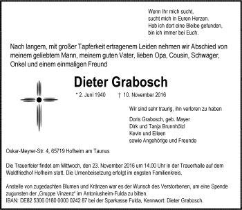 Traueranzeige von Dieter Grabosch von Trauerportal Rhein Main Presse