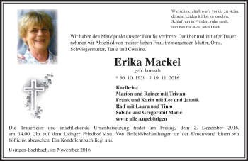 Traueranzeige von Erika Mackel von  Usinger Anzeiger