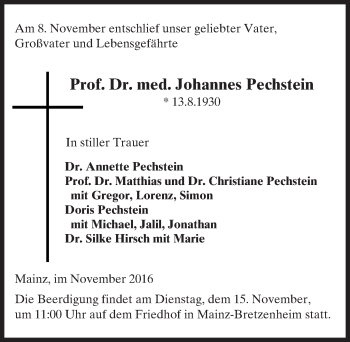 Traueranzeige von Johannes Pechstein von Trauerportal Rhein Main Presse
