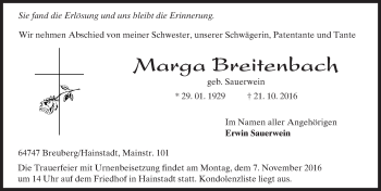 Traueranzeige von Marga Breitenbach von Trauerportal Echo Online