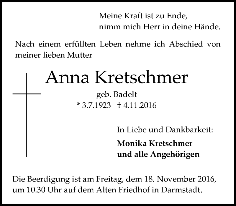  Traueranzeige für Anna Kretschmer vom 12.11.2016 aus Trauerportal Echo Online