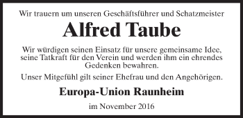 Traueranzeige von Alfred Taube von Trauerportal Rhein Main Presse