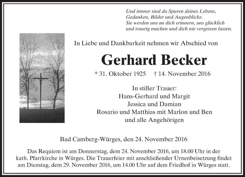  Traueranzeige für Gerhard Becker vom 24.11.2016 aus  Camberger Anzeiger