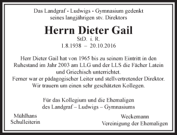 Traueranzeige von Dieter Gail von  Gießener Anzeiger