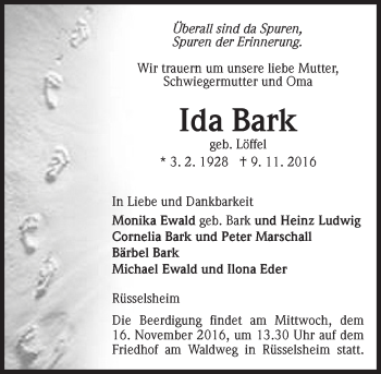 Traueranzeige von Ida Bark von Trauerportal Rhein Main Presse