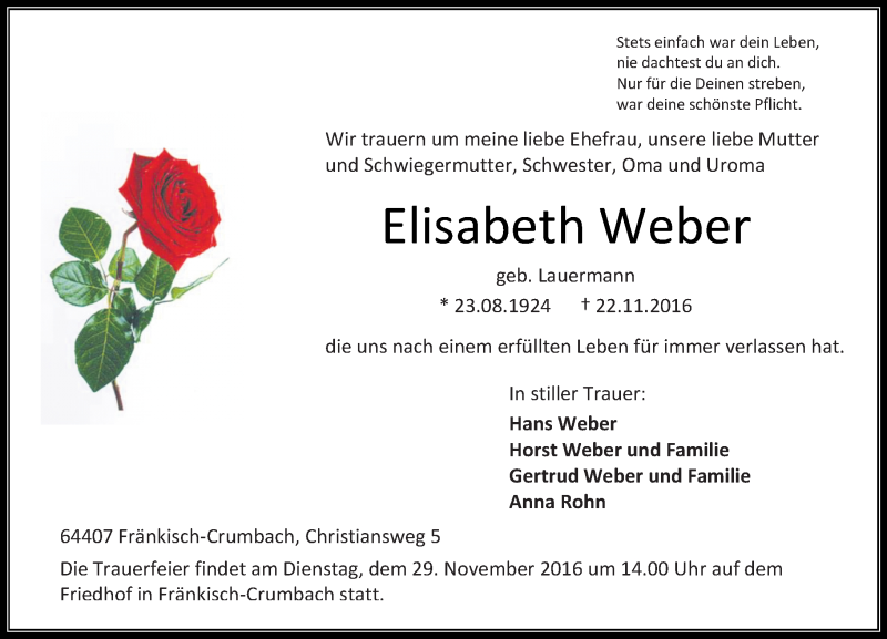  Traueranzeige für Elisabeth Weber vom 26.11.2016 aus Trauerportal Echo Online