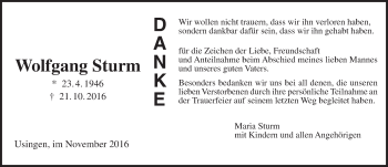 Traueranzeige von Wolfgang Sturm von  Usinger Anzeiger