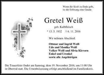 Traueranzeige von Gretel Weiß von VRM Trauer